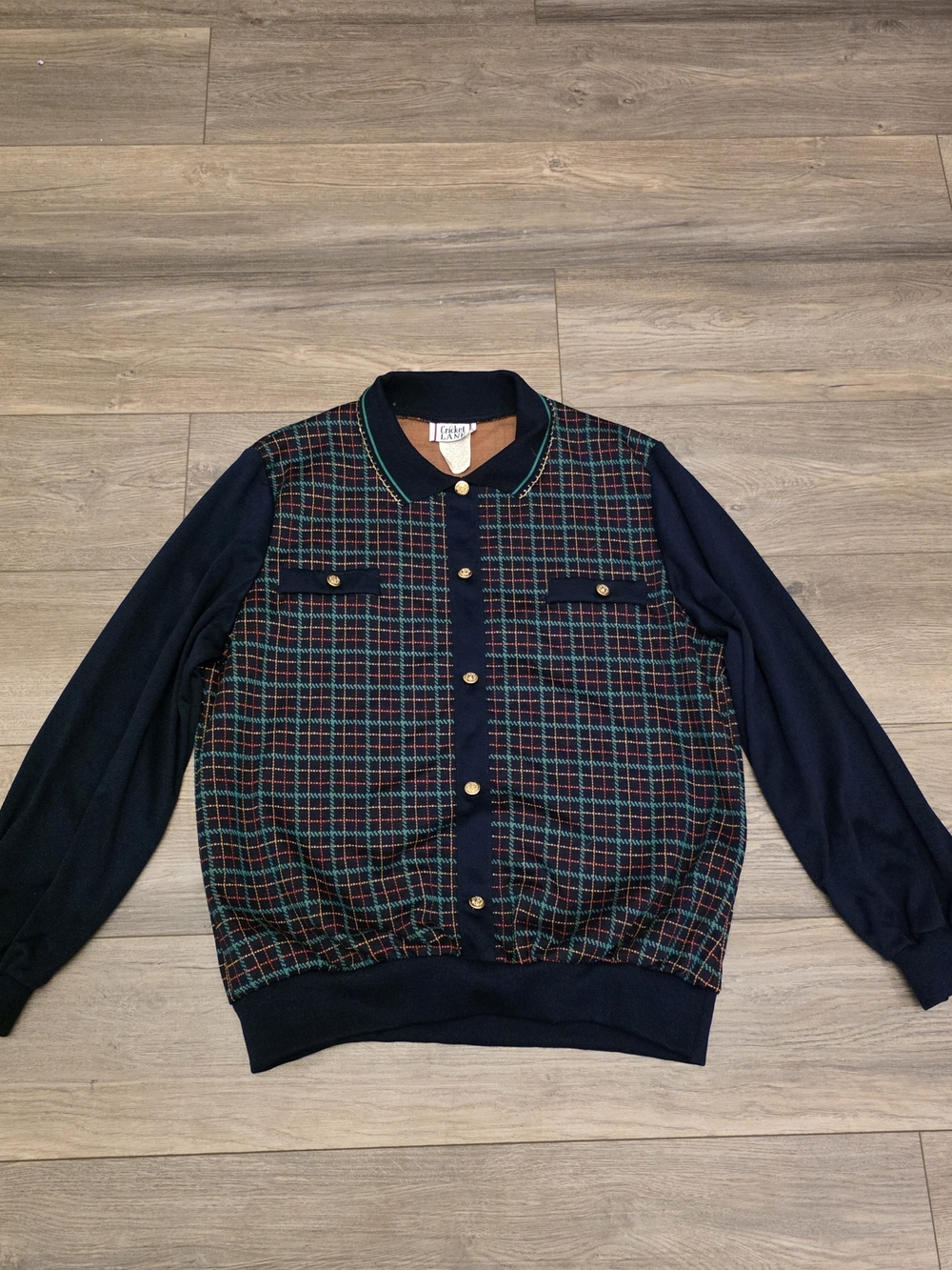 VTG 80s/90s Cricket Lane Plaid Knit Cardigan Sweater Jacket Navy/Green/Red Large